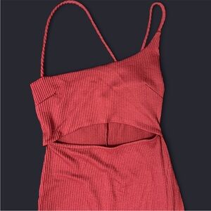 Rose Red Ribbed Cutout Dress